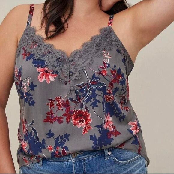Torrid Ava Stretch Challis Lace Trim Tank Top Grey Red Floral Size Large - Picture 1 of 6